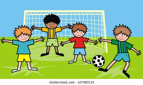 boys and football, goalkeeper, keeper, vector illustration