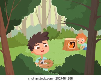 Boys in forest. Wildlife adventures, teens with animals on nature. Bird nest and squirrel, happy kids camping vector illustration