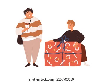 Amigos chicos intercambiando cajas de regalo. Niños felices dando, recibiendo regalos, sorpresas vacacionales en envolturas festivas. Niños con cajas de regalo. Ilustración vectorial plana aislada en fondo blanco