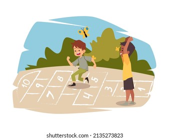Boys friends playing hopscotch together outdoors, cartoon flat vector illustration isolated on white background. Colorful banner with kids playing in park.