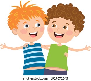 The boys are friends. We are glad to hug each other. Vector illustration in a flat style.