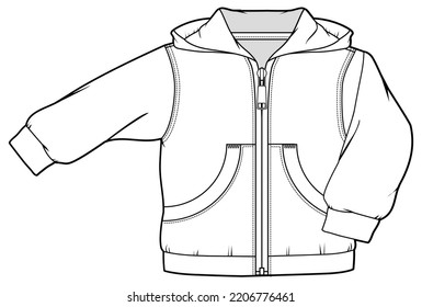 boys full sleeve hoodie jacket with zipper and pocket technical drawing flat sketch vector illustration
