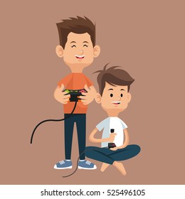 boys gamers with controller console and joystick