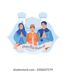 Boys gather with their father and mother. Pray together and say Eid al-Fitr greetings. Happy Eid Mubarak concept. Flat vector illustration.