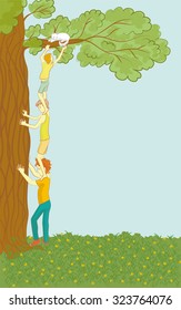 Boys Get a Cat Out of a Tree. Vector illustration. Team work. Retro colors. EPS 10