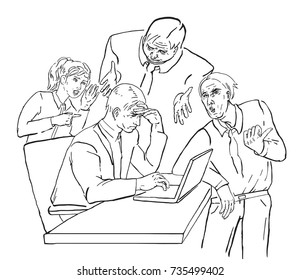 Boys and girl bordering one man illustration. Tired man with office suit sitting on table and trying to work on notebook. Funny office scene for presentation or banner template. Hand-drawn clipart. 