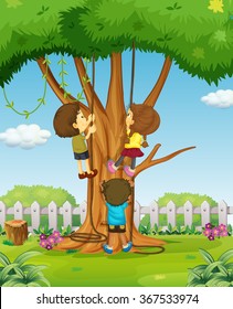 Boys and girl climbing up the tree illustration