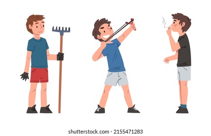 Boys and girl demonstrating good and bad behavior. Boys shooting with slingshot, smoking and working in garden cartoon vector illustration svg