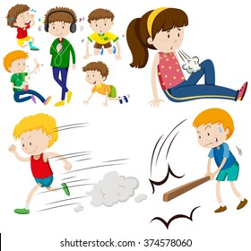 Boys and girl doing different activities illustration