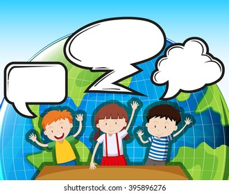 Boys and girl with earth background illustration