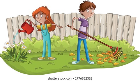 Boys and girl gardening. Kids working in the garden.