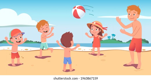 Niños, niñas, padres jugando a la pelota de playa en la costa de verano. Niños felices y hombres jugadores jugando juntos al deporte en la playa de la orilla del mar. Actividades al aire libre de vacaciones. Ilustración vectorial plana