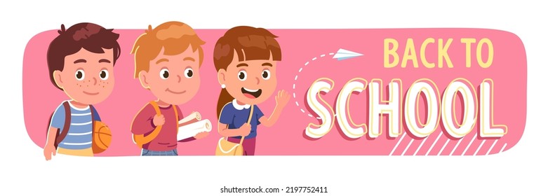 Niños, niñas que regresan a la escuela por educación. Escolares sonrientes, escolares, escolares, niños y niñas con mochilas. Aprendizaje escolar, estudio, carteles de conocimiento ilustración vectorial plana