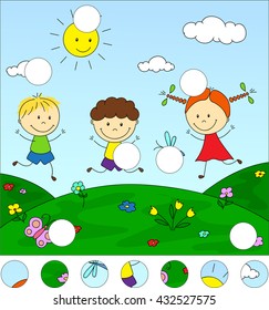 Boys and a girl playing in the meadow. Complete the puzzle and find the missing parts of the picture. Educational game for kids