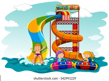 Boys and girl riding down the water slide illustration