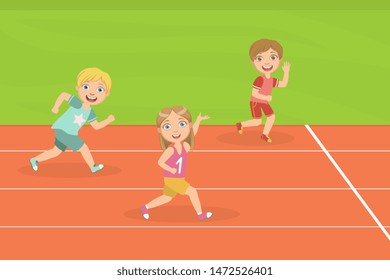 Boys and Girl Running Race Tracks of Stadium at Competition Vector Illustration