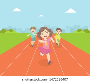 Boys and Girl Running Race Tracks of Stadium at Competition, Front View Vector Illustration