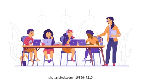 Boys And Girl Study In Computer Class Using Internet Technology With Female Teacher. Kids Get An Education Sits With Laptops On Lessons. Flat Vector Illustration Isolated On White.