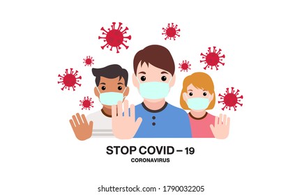 boys and girl Wearing a Protective Mask to Protect Covid-19.show stop hands gesture for stop corona virus outbreak. vector illustration