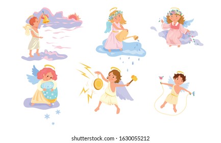 Boys and girls angels making mircles and playing vector illustration