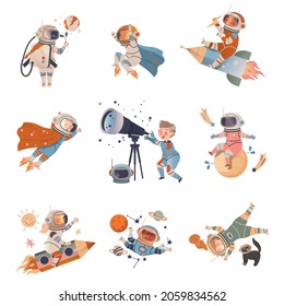 Boys and girls astronauts flying in space set. Design element can be used for children print, books, stickers, posters vector illustration