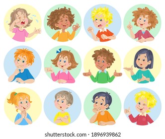 Boys and girls avatar set. Different nationalities, characters and emotions. In cartoon style. Isolated on white background. Vector flat illustration.