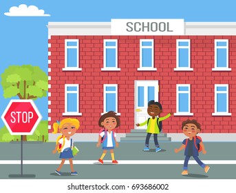 Boys and girls with backpacks standing beside stop traffic sign in front of their two storey brick school on sunny day vector illustration