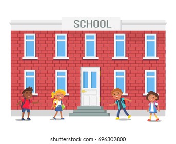 Boys and girls with backpacks standing in front of school vector illustration isolated on white. Vector illustration of children hurrying on study