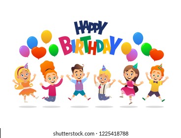 Boys and girls with the balloons and birthday hats happily jumping with their hands up birthday party vector