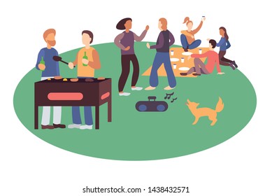 Boys and girls at barbeque party having lunch outdoor. Friends dancing cooking drinking eating meals at picnic. Summer or spring leisure outside. Leisure at park. Flat cartoon vector illustration