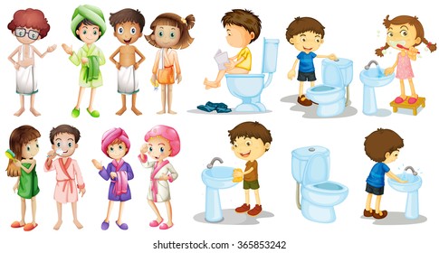 Boys and girls in bathrobe illustration