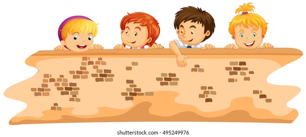 Boys and girls behind the wall illustration