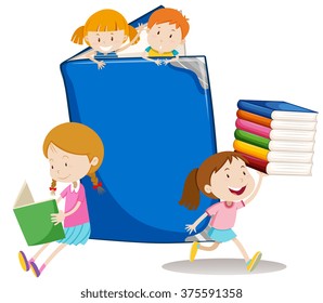 Boys and girls with big book illustration