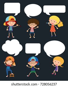 Boys and girls with blank speech bubbles illustration