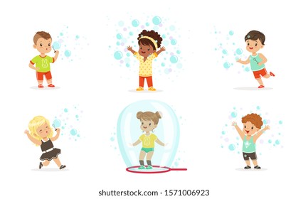 Boys and girls blow bubbles. Set of vector illustrations.