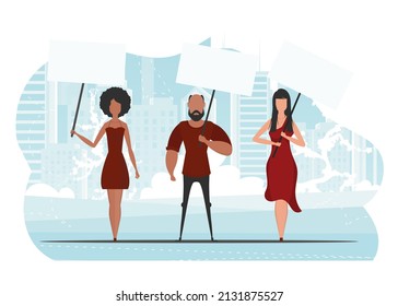 Boys and girls came out to protest. Banner in blue tones. Vector in cartoon style.