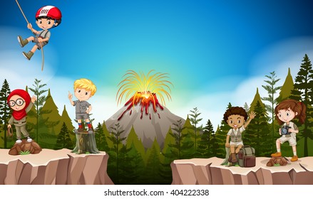 Boys and girls camping in the mountain illustration