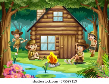 Boys And Girls Camping Out In The Woods Illustration