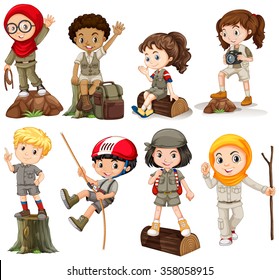 Boys and girls in camping outfit illustration