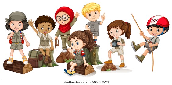 Boys And Girls In Camping Outfit Illustration