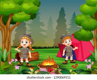 Boys and girls in camping outfit near bonfire and a tent
