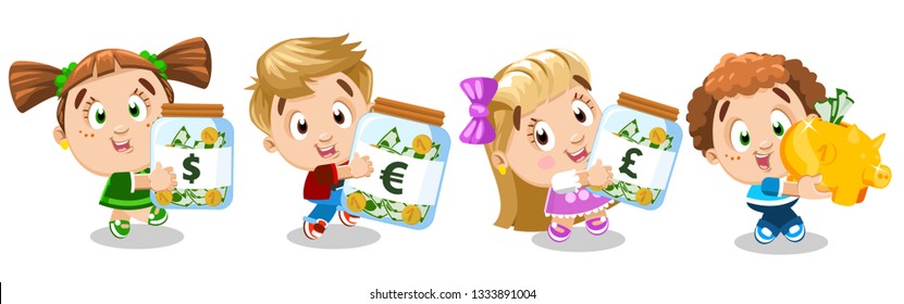 Boys, Girls Carry Money Jars With Euro, Pound, Dollar And Piggy Bank. Concept Of Commercial Education, Financial Literacy, Multiple Countries Currency. Children Study Putting Money Away, Do Shopping.