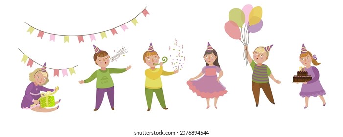 Boys and girls celebrate Birthday party. Cute vector set of happy children