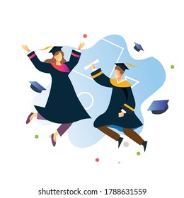 Boys and girls celebrating university graduation wearing academic dress, gown or robe and graduation cap and holding diploma.. Flat cartoon vector illustration.