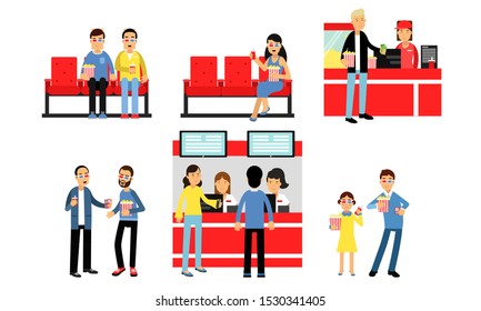 Boys And Girls Characters Going To The Cinema Vector Illustration Set Isolated On White Background