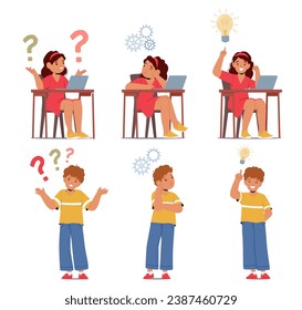 Boys and Girls Characters Lost In A Maze Of Questions, Unsure Of Their Way. Confused Kids Seek Guidance, Eager To Learn And Grow, Amidst Life Complex Journey. Cartoon People Vector Illustration