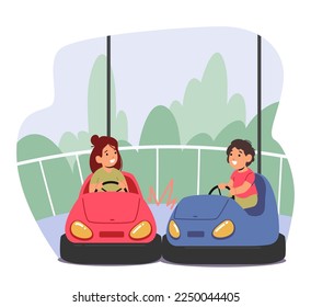 Boys and Girls Characters Riding Carts or Bumper Car Attraction in Amusement Park. Children Having Fun at Funfair or Carnival Entertainment Riding Colorful Dodgem. Cartoon People Vector Illustration