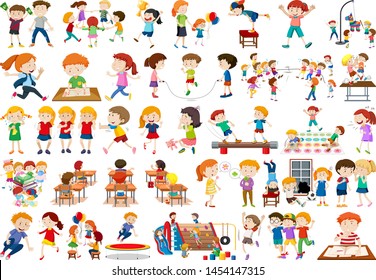 Boys, girls, children in educational fun activty theme illustration