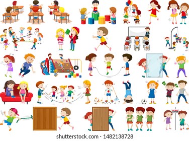 Boys, girls, children in educational fun activty theme illustration