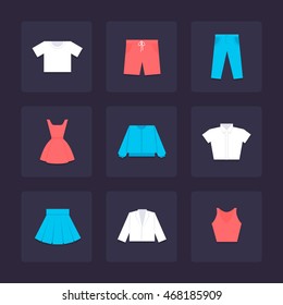 Boy's and girl's clothes and school uniform vector set: red dress, white shirt, blue skirt, red shorts, white t-shirt, blue pants, blue blouse, white jacket and red singlet. Flat icons of apparel.